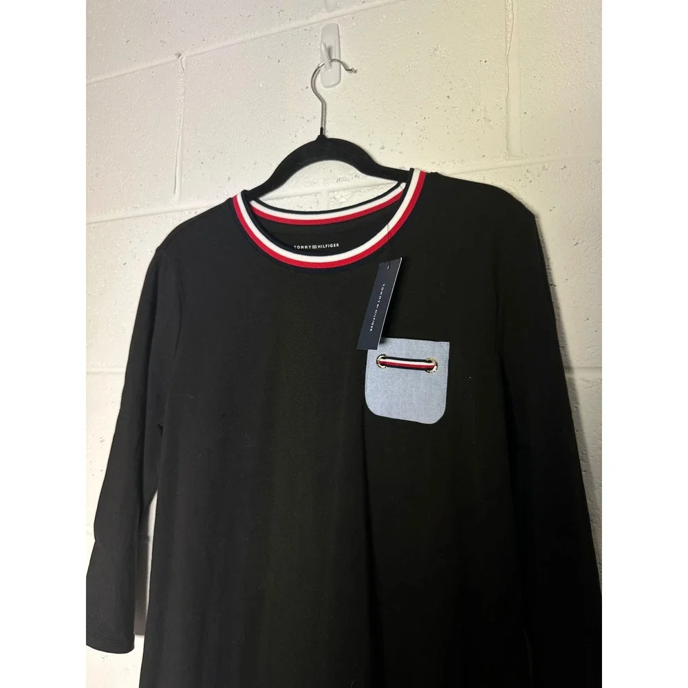 Tommy Hilfiger Black Long Sleeve Dress with Pocket and Striped Collar Size L - Picture 1 of 5